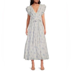 Ruffled Sleeve V-Neck Maxi Dress in Light Blue Floral